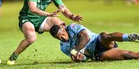 Mack Hansen of Connacht and Sbu Nkosi of The Bulls during a United Rugby Championship match between the Vodacom Bulls and Connacht at Loftus Versfeld on 30 September 2022. (Photo: Christiaan Kotze / Gallo Images)