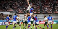 Lood de Jager (C-L) of South Africa wins a lineout against Muharua Katjijeko (C-R) of Namibia during the Rugby World Cup match between South Africa and Namibia in Toyota, Japan, 28 September 2019.  EPA-EFE/MARK R. CRISTINO 