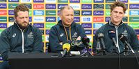 James Slipper, Eddie Jones and Michael Hooper during the Australia men's national rugby team announcement at Sandton Sun on 6 July 2023 in Johannesburg, South Africa. (Photo: Lee Warren / Gallo Images)