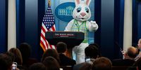 The Easter Bunny pretends to call on reporters from the podium during the daily news briefing at the White House on April 01, 2024 in Washington, DC. The costumed character joined White House Press Secretary Karine Jean-Pierre as the White House hosted about 40,000 people for the annual Easter Egg Roll on the South Lawn. (Photo by Chip Somodevilla/Getty Images)