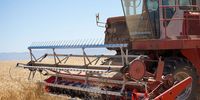 Close-up image of the head of a combine harvester busy harvesting wheat on a wheat field in the Swartland in the Western Cape Province, South Africa