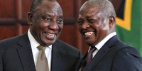 David Mabuza shares a light-hearted moment with President Cyril Ramaphosa after Mabuza was sworn in as a member of parliament Chief Justice Mogoeng Mogoeng, 28 May 2019, at the Presidential Guesthouse in Pretoria. Picture: Alaister Russell/The Sunday Times 