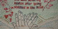 A detail from a panel of work that is part of a series called “Domestic”, which De Villiers stitched in response to words found in newspaper reports on domestic violence. (Photo: Willemien de Villiers)
