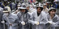 Leftist demonstrators protest against the G7 Hiroshima Summit as leaders visit Hiroshima Peace Memorial Park in Hiroshima, Japan, 19 May 2023. The G7 Hiroshima Summit will be held from 19-21 May 2023.  EPA-EFE/KIMIMASA MAYAMA