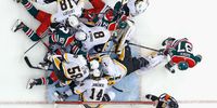 NEWARK, NEW JERSEY - MARCH 20: The Pittsburgh Penguins defend against the New Jersey Devils late in the third period at the Prudential Center on March 20, 2021 in Newark, New Jersey. The Penguins defeated the Devils 3-1. (Photo by Bruce Bennett/Getty Images)