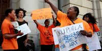 Sex workers demonstrate outside the Western Cape High Court in Cape Town during the court appearance of internationally celebrated artist Zwelethu Mthethwa  on Monday, 10 November 2014. Mthethwa was charged with the murder of 23-year-old sex worker Nokuphila Kumalo. Picture: Nardus Engelbrecht/SAPA