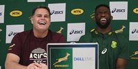 Rassie Erasmus (left) and Siya Kolisi during the South Africa men’s national rugby team media conference at Grand Hotel des Sablettes Plage in La Seyne-sur-Mer, France, on 11 November 2022. (Photo: Clement Mahoudeau/Gallo Images)