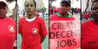 From left to right: Maria Hola, a volunteer at a local school at the COSATU march. (Photo by Aphiwe Ngalo) Nomahlubi Spayer at the Workers Day March. (Photo by Aphiwe Ngalo), Nolubabalo Buqa stands outside Parliament at the COSATU march on 1 May 2018. (Photo by Hlumela Dyantyi), Teacher, Khayakazi Hlengisa Mbenenge at the COSATU march outside Parliament on 1 May 2018. (Photo by Aphiwe Ngalo)<br>