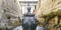 The German-flagged warship FGS-PEGNITZ M1090 crosses the canal of the Corinth Isthmus, on its way back to Germany after participating in NATO naval operations in the Mediterranean, Corinth, Peloponnese, Greece, 14 October 2024.  EPA-EFE/VASSILIS PSOMAS