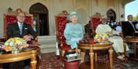 From left to right: Prince Philip, Queen Elizabeth, Sultan Qaboos and William Hague watch an equestrian event in Oman, November 2010. (Photo: John Stillwell / Pool / Getty Images)