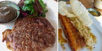 Rib-eye beef from a Kalahari farmer, left, and pork belly, right. (Photos: Georgina Crouth)<br>