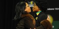 Tina Joemat-Pettersson and Baleka Mbethe embracing each other at the opening of the ANC's four-day policy conference held at Gallagher Estate in Johannesburg, South Africa on 26 June, 2012. (Photo:Gallo Images / Foto24 / Felix Dlangamandla)