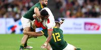 Semisi Paea of Tonga is tackled by Andre Esterhuizen and Cobus Reinach of South Africa during the Rugby World Cup France 2023 match against Tonga. (Photo: Cameron Spencer / Getty Images)