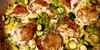 Tony Jackman’s tarragon chicken, with courgettes and peas. (Photo: Tony Jackman)<br>