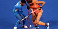TOKYO, JAPAN - JULY 24: Deep Grace Ekka of India tackles Frederique Malta of The Netherlands during the Women's Preliminary Pool A match between the Netherlands and India on day one of the Tokyo 2020 Olympic Games at Oi Hockey Stadium on July 24, 2021 in Tokyo, Japan. (Photo by Dan Mullan/Getty Images)