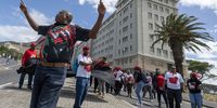 Nehawu members protest outside Groote Schuur Hospital on March 06, 2023 in Johannesburg, South Africa. The health workersí union are demanding a 10% salary hike and the strike is taking place at several hospitals across the country. (Photo by Gallo Images/Die Burger/Jaco Marais)