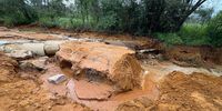The dirt road leading out of Jessica’s property in the Waterberg District. The heavy rainfall caused extreme erosion and part of the road to fall away, meaning they couldn’t drive into town for nearly a week, February 2025. (Photo: Jessica Babich)