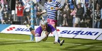 Tino Santino Swanepoel of NWU Eagles scores during the Varsity Cup final against UCT Ikeys at Fanie du Toit Sports Ground in Potchefstroom. (Photo: Christiaan Kotze/Gallo Images)