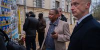 "Oleg at Memorial Wall." Ukraine Ministry of Foreign Affairs spokesperson Oleg Nikolenko briefs African journalists at  The Wall of Remembrance of the Fallen for Ukraine  on Mykhailivska (St Michael’s) Square, Kyiv. Photo: Olexiy Nazaruk, Ukraine Ministry of Foreign Affairs.