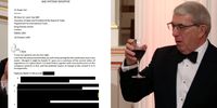 Roger Carr drinks at a Mansion House banquet. Inset: His heavily redacted letter to Liam Fox (Photo: Simon Dawson / WPA Pool / Getty Images)