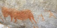 Bushmen art: an elephant painting and one of priapic San, possibly depicting a fertility rite (Image Liz McGregor)