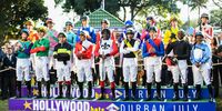 DURBAN, SOUTH AFRICA - JULY 02: Durban July jockeys during the Hollywoodbets Durban July 2022 at Hollywoodbets Greyville Racecourse on July 02, 2022 in Durban, South Africa. (Photo by Darren Stewart/Gallo Images)
