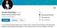 The (now deleted) LinkedIn page of Gordon MacMillan, a senior Twitter staffer who was exposed by Middle East Eye as a Lieutenant in the 77th Brigade. (Screengrab / Middle East Eye)