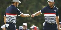 Sam Burns of Team United States fist-bumps teammate Patrick Cantlay after winning the 10th hole during the Friday afternoon four-ball matches of the 2025 Ryder Cup at Black Course at Bethpage State Park Golf Course on September 26, 2025 in Farmingdale, New York. (Photo by Harry How/Getty Images)