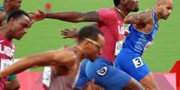 epa09386027 Lamont Marcell Jacobs (R) of Italy crosses the finish line to win the men's 100m final during the Athletics events of the Tokyo 2020 Olympic Games at the Olympic Stadium in Tokyo, Japan, 01 August 2021.  EPA-EFE/JIJI PRESS JAPAN OUT EDITORIAL USE ONLY/  NO ARCHIVES
