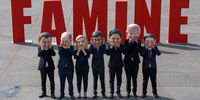 Satirical 'big heads' depicting the G7 leaders (L-R) President of France Emmanuel Macron, Chancellor of Germany Olaf Scholz, Prime Minister of Italy Giorgia Meloni, Prime Minister of the United Kingdom Rishi Sunak, Prime Minister of Canada Justin Trudeau, President of the United States Joe Biden and Prime Minister of Japan Fumio Kishida, pose as they form a protest by Oxfam to highlight what they claim is the group's lack of action in tackling hunger in East Africa on May 17, 2023 in London, England. (Photo by Carl Court/Getty Images)