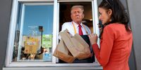FEASTERVILLE-TREVOSE, PENNSYLVANIA - OCTOBER 20: Republican presidential nominee, former U.S. President Donald Trump works the drive-through line during a campaign photo op as he visits a McDonald's restaurant on October 20, 2024 in Feasterville-Trevose, Pennsylvania. Trump is campaigning the entire day in the state of Pennsylvania. Trump and Democratic presidential nominee Vice President Kamala Harris continue to campaign in battleground swing states ahead of the November 5th election. (Photo by Win McNamee/Getty Images)