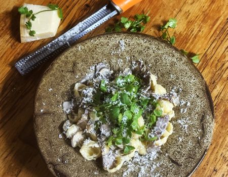 Creamy biltong and mushroom pasta with coriander