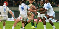 Springbok Evan Roos is tackled while on the charge at Nelson Mandela Bay Stadium, Gqeberha, during the Springboks versus Italy Test on Saturday. (Photo: Deon Ferreira)