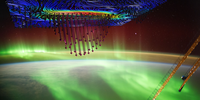 Depiction of accelerated electrons precipitating in the aurora. (Image: Auroral photograph: Alex Gerst, NASA; experimental data visualisation: Steve Vincena, University of California, Los Angeles)