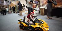 A cat dressed in a cat fashion costume sits on a radio-controlled miniature model racing car during a cat show event in Bangkok, Thailand, 30 September 2023. Various breeds of cats are presented at a cat show event for feline lovers aimed to boost the growing pet market.  EPA-EFE/RUNGROJ YONGRIT