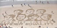 A sand art performance by French artist Sam Dougados representing G7 leaders (L-R, Boris Johnson, Justin Trudeau, Giuseppe Conte, Emmanuel Macron, Angela Merkel, Shinzo Abe and Donald Trump) for <br>the ONE Campaign to promote gender equality is displayed at the Plage de la Côte des Basques on the eve of the G7 summit in Biarritz, France, 23 August 2019. The G7 Summit runs from 24 to 26 August in Biarritz.  EPA-EFE/JULIEN DE ROSA