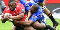 Asenathi Ntlabakanye of the Lions with the ball during the United Rugby Championship match between Emirates Lions and DHL Stormers at Emirates Airline Park on February 15, 2025 in Johannesburg, South Africa. (Photo: Sydney Seshibed i/ Gallo Images)