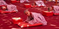 A young monk (front) reacts after getting his hair shaved off during the 'Children becoming Buddhist monks' ceremony at the Jogyesa temple in Seoul, South Korea, 09 May 2023. The children will stay at the temple to learn about Buddhism for 21 days. South Korean Buddhists prepare to celebrate Buddha's upcoming birthday on 27 May.  EPA-EFE/JEON HEON-KYUN
