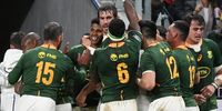 Moodie (centre) celebrates his run-away try during the Rugby Championship Test match in Sydney, Australia.  (Photo: EPA-EFE/DEAN LEWINS AUSTRALIA AND NEW ZEALAND OUT)<br>