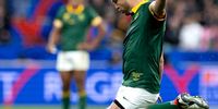 Handre Pollard of South Africa kicks the ball during the Rugby World Cup 2023 final match between New Zealand and South Africa at Stade de France on October 28, 2023 in Paris, France. (Photo: Juan Jose Gasparini / Gallo Images)