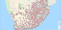 A screenshot of the national Department of Water and Sanitation map showing compliance of waste water treatment works across South Africa. The red markers indicate treatment plants where compliance to minimum wastewater treatment standards is 'bad'. (Source: http://ws.dwa.gov.za / IRIS / myriver.aspx?c2VvcD0xJnNob3dfYWxsPTE=)