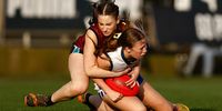 Marlee Black of Padua College is tackled during the 2023 Herald Sun Shield Division 2 Intermediate Girls Grand Final match between Padua College and Our Lady of Sion College at Ikon Park on September 01, 2023 in Melbourne, Australia. (Photo by Michael Willson/AFL Photos via Getty Images)