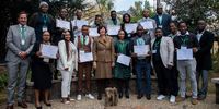 Minister of Forestry, Fisheries and the Environment, Barbara Creecy, with the 16 winners of the Driving Force for Change II Youth Challenge, during the award ceremony at Birchwood Conference Centre in Boksburg on 2 August 2022. (Photo: Julia Evans)