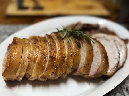 Deboned saddle of pork with a maple syrup glaze
