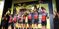 Riders of the BMC Racing Team celebrate on the podium after winning the 3rd stage of the 105th edition of the Tour de France cycling race, a 35.5km team time trial, in Cholet, France, 09 July 2018.  EPA-EFE/KIM LUDBROOK