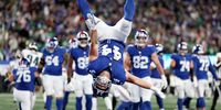 Cam Skattebo #44 of the New York Giants celebrates after carrying the ball across the goal line for a touchdown during the fourth quarter of the game against the Philadelphia Eagles at MetLife Stadium on October 09, 2025 in East Rutherford, New Jersey. (Photo: Al Bello/Getty Images)