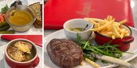 French flair: top-rate chicken liver pâté with blueberry jam, honey gelée and maddeningly delicious crunchy seed bread, top left; French onion soup, bottom left, and classy steak frites, right. (Photos: Tony Jackman)<br>