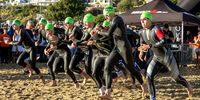 General view of Pro men at the start during the 2024 ISUZU IRONMAN 70.3 on November 17, 2024 in Mossel Bay, South Africa. (Photo: Frikkie Kapp / Gallo Images)