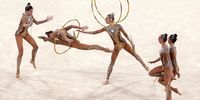 epaselect epa09402580 Team Russia compete in the rhythmic gymnastics group all-around qualification during the Tokyo 2020 Olympic Games at the Tokyo Metropolitan Gymnasium arena in Tokyo, Japan, 07 August 2021.  EPA-EFE/MAST IRHAM