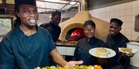 Head chef Talent Chatsama, left, with a CC caprese flatbread open sandwich and the kitchen team, from left, Musa Sosthange, Zanele Dlomo and Wiseman Mthethwa. (Photo: Wanda Hennig)<br>
